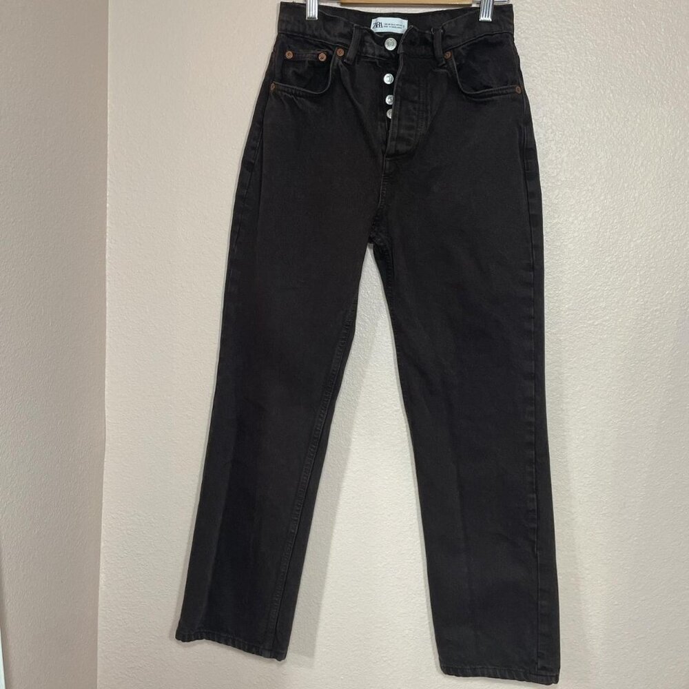 Zara Chocolate Brown High Waisted Straight Leg Jeans Button Fly